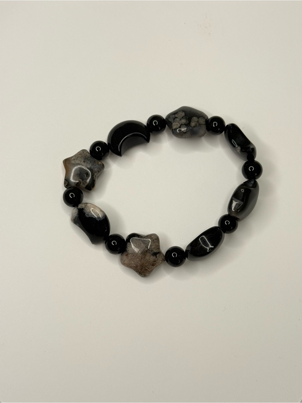 Black Flower Agate Moon and Stars Beaded Bracelet